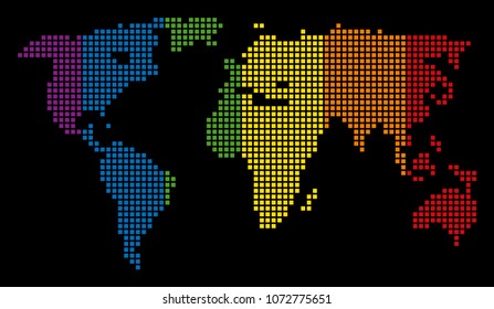 Spectrum vector abstract collage of World Map combined of rounded square items. Vector homosexual tolerance geographic map in LGBT flag color tones on a black background.