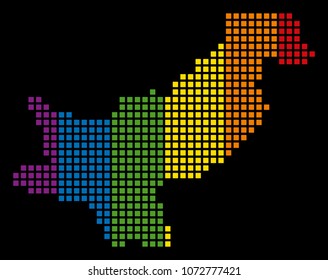 Spectrum vector abstract composition of Pakistan Map made of rounded square items. Vector homosexual tolerance geographic map in LGBT flag color tinges on a black background.