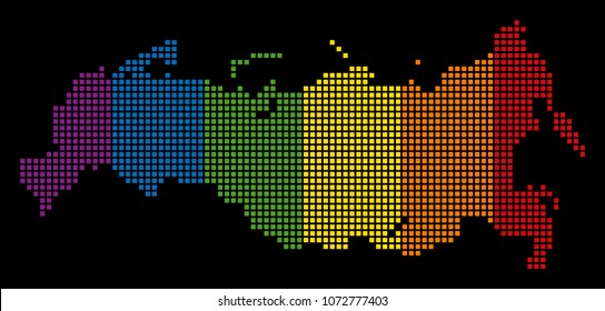 Spectrum vector abstract composition of Russia Map combined of rounded square elements. Vector homosexual tolerance geographic map in LGBT flag color hues on a black background.