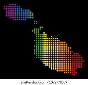 Spectrum vector abstract mosaic of Malta Island Map created of rounded square pixels. Vector homosexual tolerance geographic map in LGBT flag color variations on a black background.