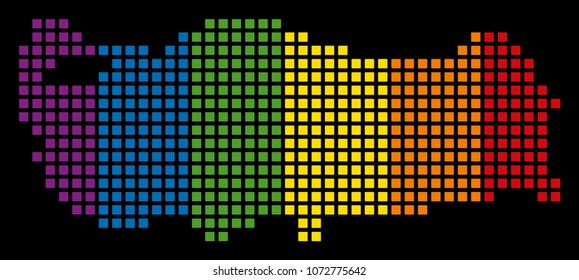 Spectrum vector abstract mosaic of Turkey Map made of rounded square elements. Vector homosexual tolerance geographic map in LGBT flag color hues on a black background.