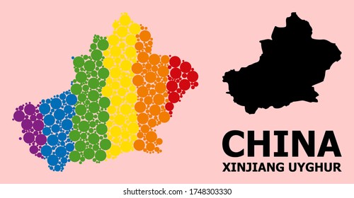Spectrum vibrant collage vector map of Xinjiang Uyghur Region for LGBT, and black version. Geographic collage map of Xinjiang Uyghur Region is created with scattered round spheric elements.