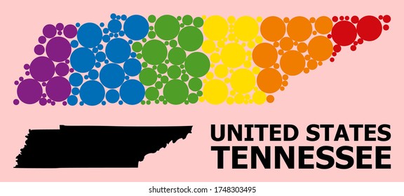 Spectrum vibrant collage vector map of Tennessee State for LGBT, and black version. Geographic collage map of Tennessee State is created from random round spheric dots.