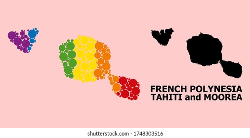 Spectrum vibrant collage vector map of Tahiti and Moorea islands for LGBT, and black version. Geographic collage map of Tahiti and Moorea islands is created from random circle spots.