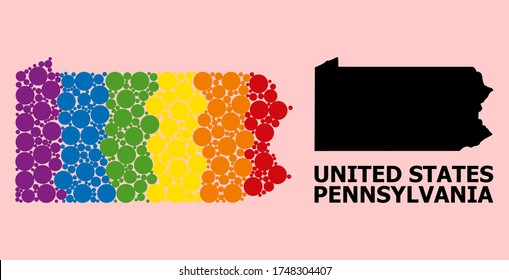 Spectrum lebendige Collage Vektorkarte des Pennsylvania-Staates für LGBT, und schwarze Version. Die geografische Collage-Karte des Pennsylvania-Staates ist aus verstreuten Kreispunkten angeordnet.