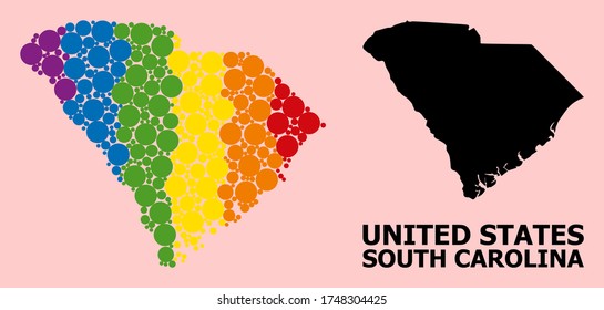 Spectrum vibrant collage vector map of South Carolina State for LGBT, and black version. Geographic collage map of South Carolina State is combined with scattered circle elements.
