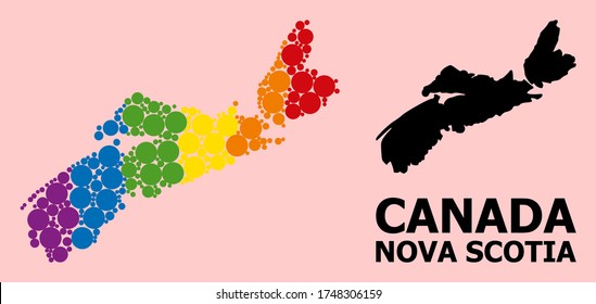 Spectrum vibrant collage vector map of Nova Scotia Province for LGBT, and black version. Geographic collage map of Nova Scotia Province is combined from randomized round spheric spots.