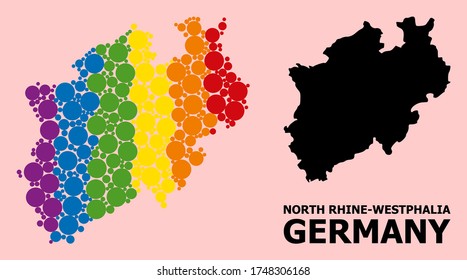 Spectrum vibrant collage vector map of North Rhine-Westphalia State for LGBT, and black version. Geographic concept map of North Rhine-Westphalia State is created from scattered circle dots.