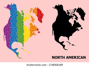 Spectrum vibrant collage vector map of North America for LGBT, and black version. Geographic collage map of North America is done from random circle elements.