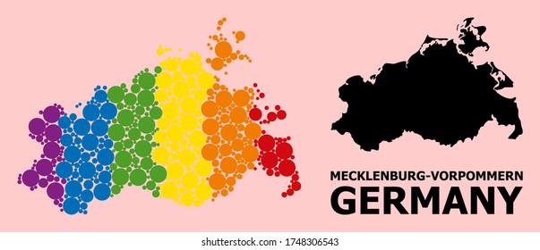 Spectrum vibrant collage vector map of Mecklenburg-Vorpommern State for LGBT, and black version. Geographic concept map of Mecklenburg-Vorpommern State is combined from random circle dots.