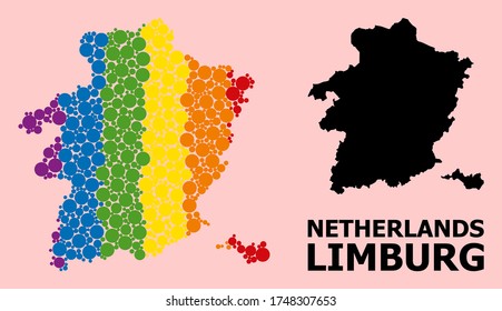 Spectrum vibrant collage vector map of Limburg Province for LGBT, and black version. Geographic collage map of Limburg Province is organized from scattered round spheric spots.
