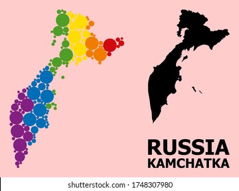 Spectrum vibrant collage vector map of Kamchatka Peninsula for LGBT, and black version. Geographic collage map of Kamchatka Peninsula is constructed with scattered round spheric dots.