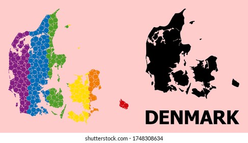 Spectrum vibrant collage vector map of Denmark for LGBT, and black version. Geographic collage map of Denmark is created from scattered circle spots.