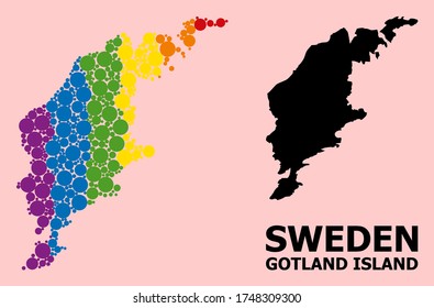 Spectrum vibrant collage vector map of Gotland Island for LGBT, and black version. Geographic collage map of Gotland Island is designed from scattered round spheric dots.
