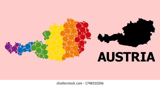 Spectrum vibrant collage vector map of Austria for LGBT, and black version. Geographic collage map of Austria is combined with random circle spots.