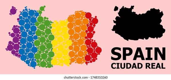 Spectrum vibrant collage vector map of Ciudad Real Province for LGBT, and black version. Geographic collage map of Ciudad Real Province is designed with randomized circle spots.