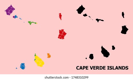 Spectrum vibrant collage vector map of Cape Verde Islands for LGBT, and black version. Geographic collage map of Cape Verde Islands is combined from scattered round spheric elements.