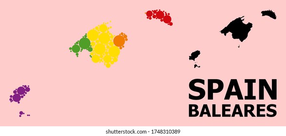 Spectrum vibrant collage vector map of Baleares Province for LGBT, and black version. Geographic collage map of Baleares Province is organized with scattered round spheric elements.