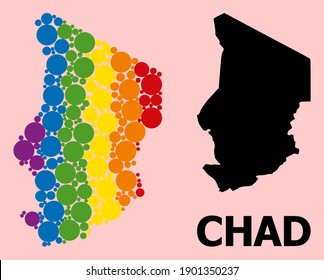 Spectrum vibrant collage vector map of Chad for LGBT, and black version. Geographic collage map of Chad is organized from random round spheric dots.