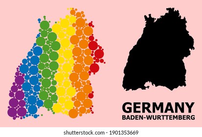 Spectrum vibrant collage vector map of Baden-Wurttemberg State for LGBT, and black version. Geographic collage map of Baden-Wurttemberg State is composed with randomized circle dots.