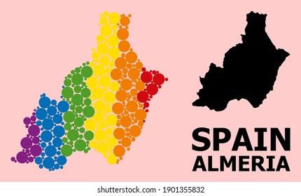 Spectrum vibrant collage vector map of Almeria Province for LGBT, and black version. Geographic collage map of Almeria Province is done with scattered round spheric elements.