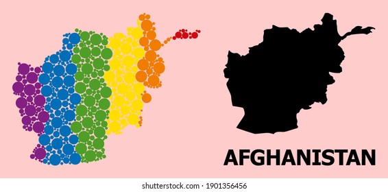 Spectrum vibrant collage vector map of Afghanistan for LGBT, and black version. Geographic collage map of Afghanistan is combined from randomized circle elements.