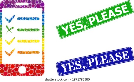 Spectrum vibrant gradient circle collage mobile check list, and Yes, Please scratched framed rectangle stamp seals. Blue and green stamp seals include Yes, Please title inside framed rectangles.