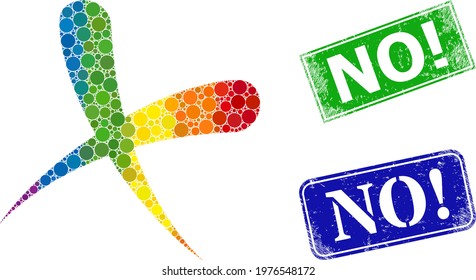 Spectrum vibrant gradiented circle collage cancel, and No Exclamation dirty framed rectangle stamp seals. Blue and green seals have No Exclamation title inside framed rectangles.
