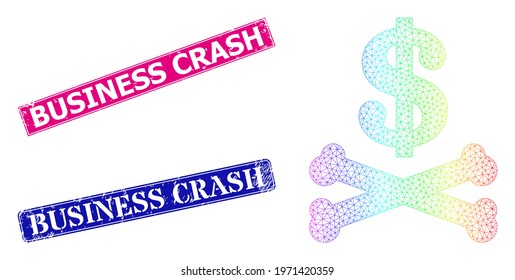 Spectrum vibrant mesh dead dollar, and Business Crash textured framed rectangle watermarks. Pink and blue rectangle seals have Business Crash tag. Vector model created from dead dollar icon.
