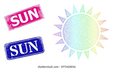 Spectrum vibrant mesh sun, and Sun corroded framed rectangle stamps. Pink and blue rectangle stamps include Sun title. Vector model created from sun icon. Colored carcass mesh icon.