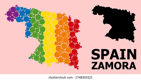 Spectrum vibrant mosaic vector map of Zamora Province for LGBT, and black version. Geographic mosaic map of Zamora Province is composed from scattered round spheric dots.