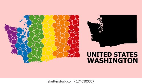Spectrum vibrant mosaic vector map of Washington State for LGBT, and black version. Geographic mosaic map of Washington State is created with random circle elements.