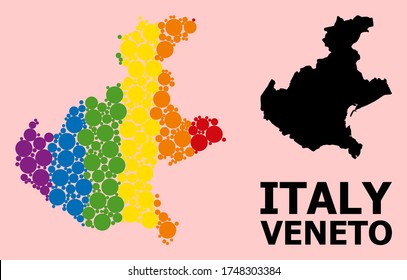 Spectrum vibrant mosaic vector map of Veneto region for LGBT, and black version. Geographic mosaic map of Veneto region is done from random circle dots.