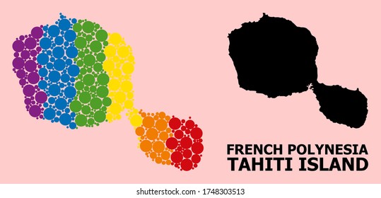 Spectrum vibrant mosaic vector map of Tahiti Island for LGBT, and black version. Geographic mosaic map of Tahiti Island is composed from randomized circle spots.