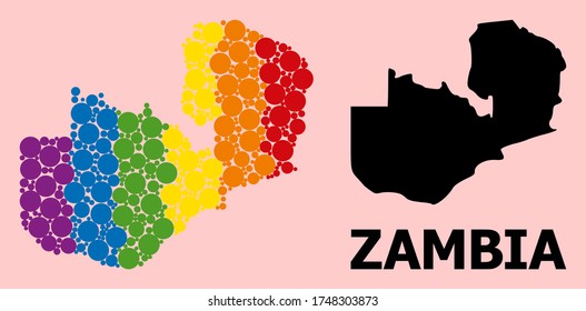 Spectrum vibrant mosaic vector map of Zambia for LGBT, and black version. Geographic concept map of Zambia is composed with randomized round spheric elements.