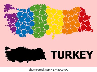Spectrum vibrant mosaic vector map of Turkey for LGBT, and black version. Geographic mosaic map of Turkey is combined from random round spheric dots.