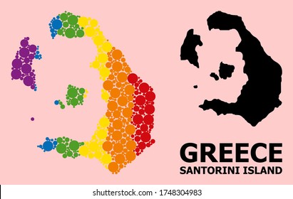 Spectrum vibrant mosaic vector map of Santorini Island for LGBT, and black version. Geographic mosaic map of Santorini Island is constructed with randomized round spheric elements.