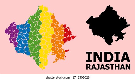 Spectrum vibrant mosaic vector map of Rajasthan State for LGBT, and black version. Geographic mosaic map of Rajasthan State is combined from randomized round spheric dots.