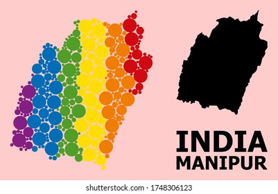 Spectrum vibrant mosaic vector map of Manipur State for LGBT, and black version. Geographic concept map of Manipur State is combined from scattered circle spots.