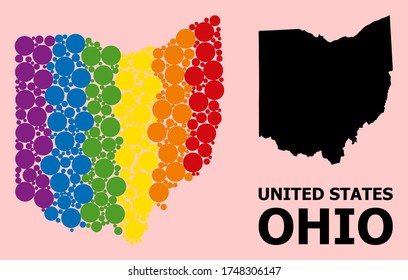 Spectrum vibrant mosaic vector map of Ohio State for LGBT, and black version. Geographic concept map of Ohio State is constructed with scattered round spheric spots.