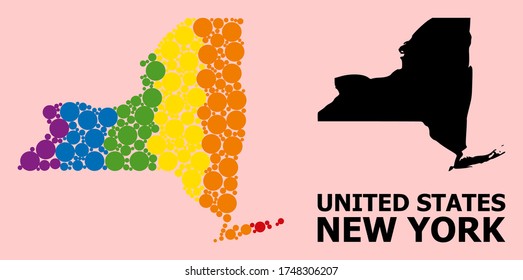Spectrum vibrant mosaic vector map of New York State for LGBT, and black version. Geographic concept map of New York State is organized with random circle dots.