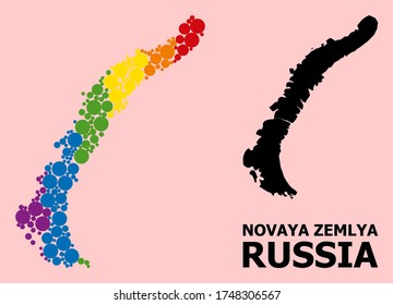 Spectrum vibrant mosaic vector map of Novaya Zemlya Islands for LGBT, and black version. Geographic mosaic map of Novaya Zemlya Islands is designed from scattered circle spots.