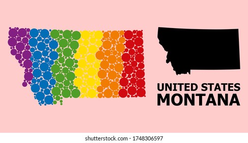 Spectrum vibrant mosaic vector map of Montana State for LGBT, and black version. Geographic mosaic map of Montana State is organized from randomized circle elements.