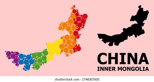 Spectrum vibrant mosaic vector map of Inner Mongolia for LGBT, and black version. Geographic concept map of Inner Mongolia is done from scattered circle spots.