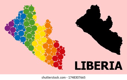 Spectrum vibrant mosaic vector map of Liberia for LGBT, and black version. Geographic mosaic map of Liberia is designed with scattered circle spots.