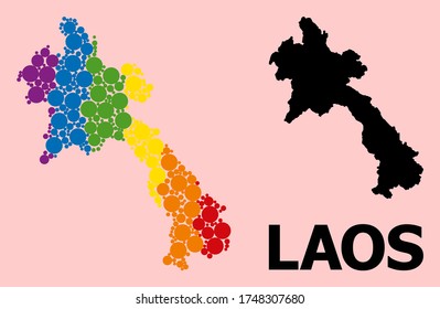 Spectrum vibrant mosaic vector map of Laos for LGBT, and black version. Geographic mosaic map of Laos is constructed with scattered circle dots.