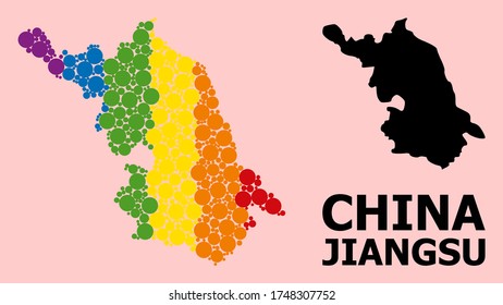 Spectrum vibrant mosaic vector Map of Jiangsu Province for LGBT, and black version. Geographic mosaic Map of Jiangsu Province is combined from scattered circle dots.