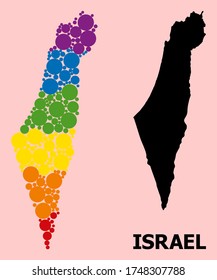 Spectrum vibrant mosaic vector map of Israel for LGBT, and black version. Geographic mosaic map of Israel is designed from randomized round spheric dots.