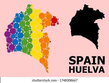 Spectrum vibrant mosaic vector map of Huelva Province for LGBT, and black version. Geographic concept map of Huelva Province is combined from random circle elements.