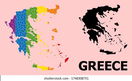 Spectrum vibrant mosaic vector map of Greece for LGBT, and black version. Geographic mosaic map of Greece is done with random circle elements.
